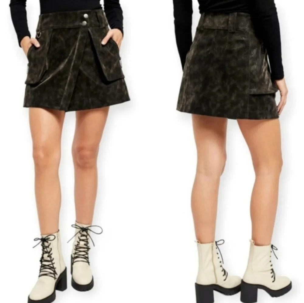 Free People Black Carson Utility Wrap Mini Skirt Faux Suede Y2K Cargo Chic US 8